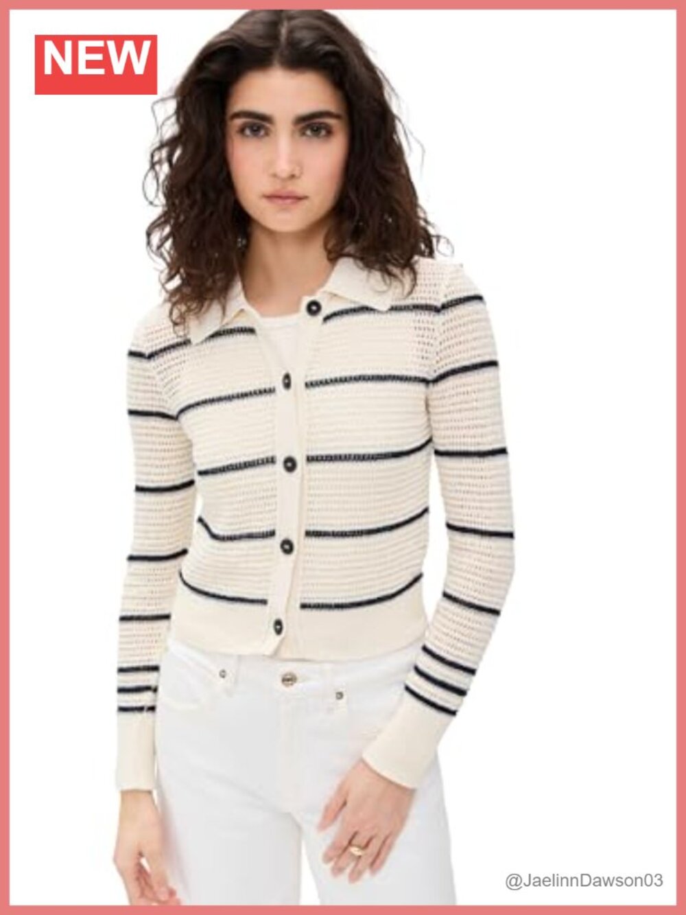 FRAME Lightweight Open Knit Striped Cardigan Collared Long Sleeve